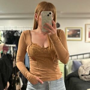 Free People tan long sleeve top with lace bustier detail, size S